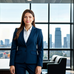 **

"A professional businesswoman in a modest business suit, standing confidently in a modern office lobby with a large window overlooking a cityscape, fully clothed, appropriate attire, safe for work, perfect anatomy, natural proportions, professional photography, high quality."

**